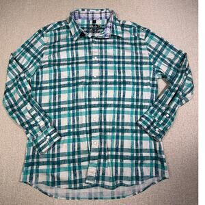 Scully Men Large Aqua White Plaid Snap Front Stretch Western Shirt Cowboy Casual